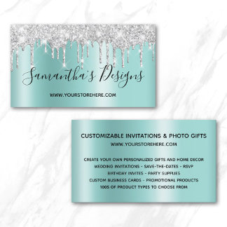 Silver Glitter Drips Light Teal Ombre Online Store Business Card