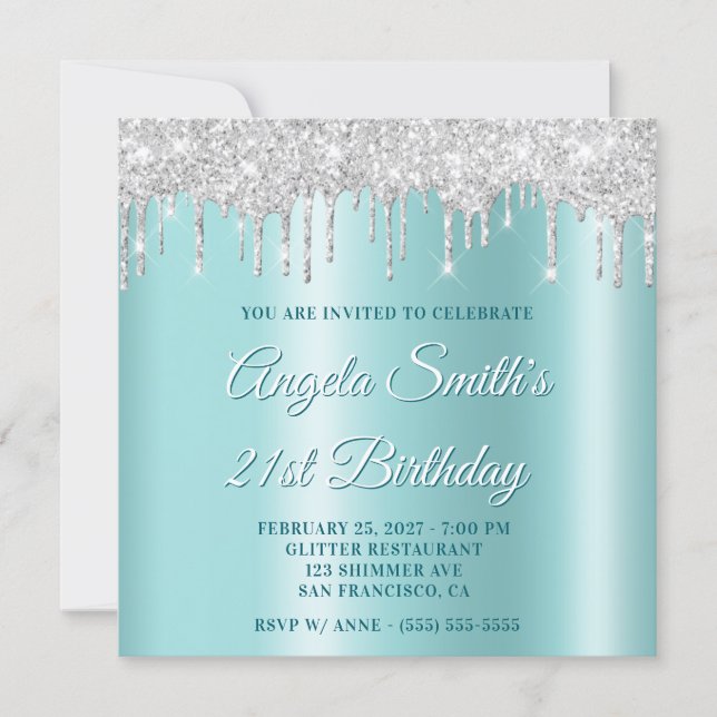 Silver Glitter Drips Light Turquoise Drop Shadow Invitation (Front)