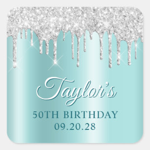 Silver Glitter Drips Light Turquoise Drop Shadow Square Sticker