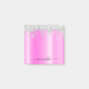 Silver Glitter Drips Magenta Shimmer Post-it Notes