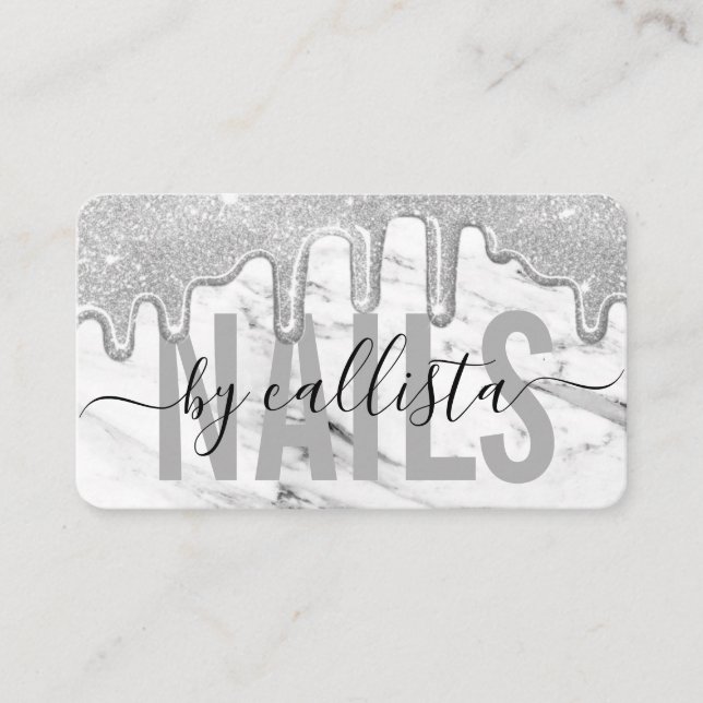 Silver Glitter Drips Marble Nail Artist Business Card (Front)