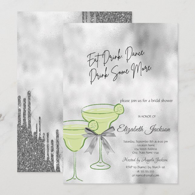 Silver Glitter Drips Martini Bow Bridal Shower Invitation (Front/Back)