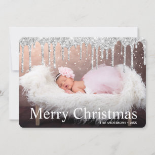 Silver Glitter Drips Merry Christmas Photo  Holiday Card