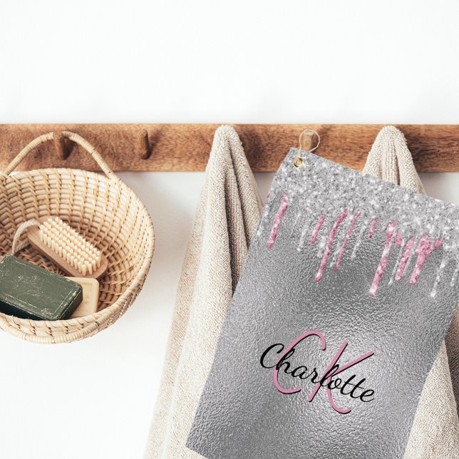 Silver glitter drips metal pink custom monogram golf towel (Creator Uploaded)