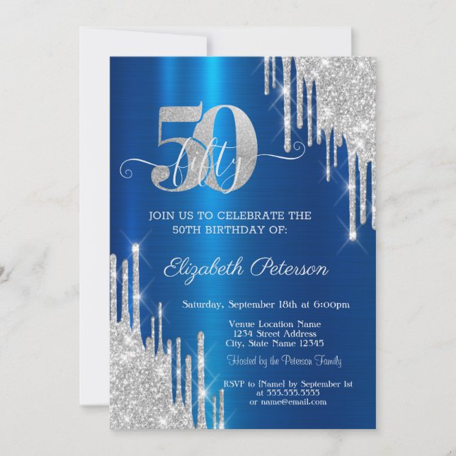 Silver Glitter Drips Metallic Blue 50th Birthday  Invitation (Front)