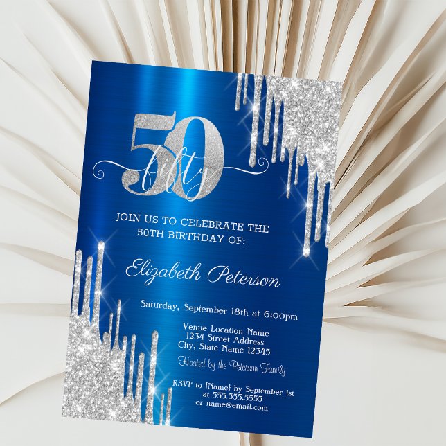 Silver Glitter Drips Metallic Blue 50th Birthday  Invitation (Creator Uploaded)
