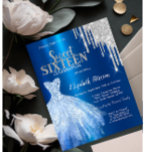 Silver Glitter Drips,Metallic Blue Dress Sweet 16  Invitation<br><div class="desc">Elegant blue dress and silver glitter drips on a metallic blue background.</div>