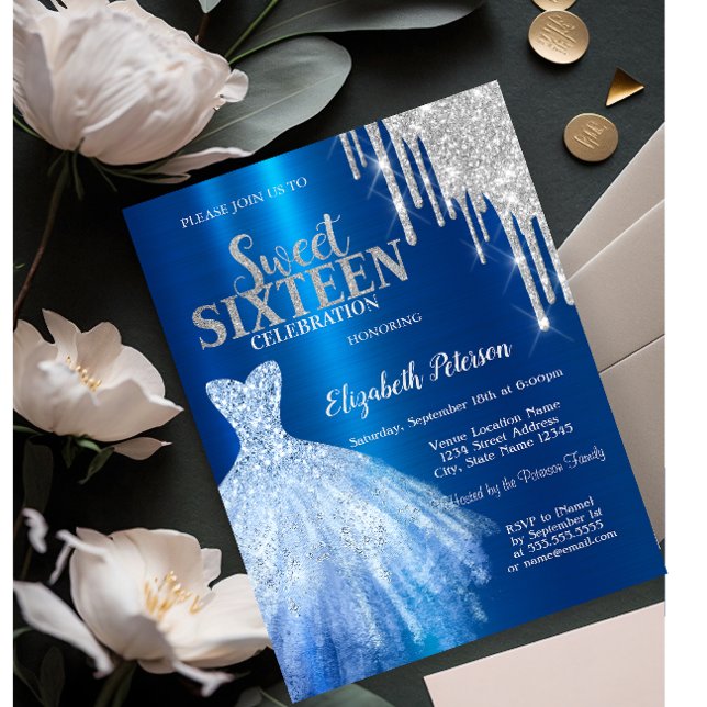 Silver Glitter Drips,Metallic Blue Dress Sweet 16  Invitation (Creator Uploaded)