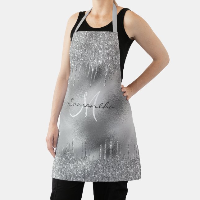 Silver  Glitter Drips Metallic Foil Personalised Apron (Insitu)