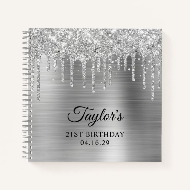 Silver Glitter Drips Metallic Grey 21st Birthday Notebook (Front)