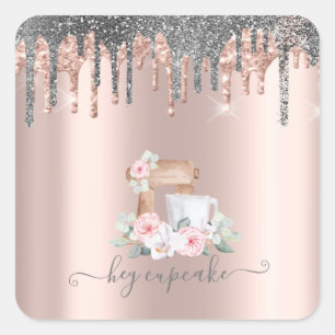  Silver Glitter Drips Mixer Flowers Rose Gold   Square Sticker