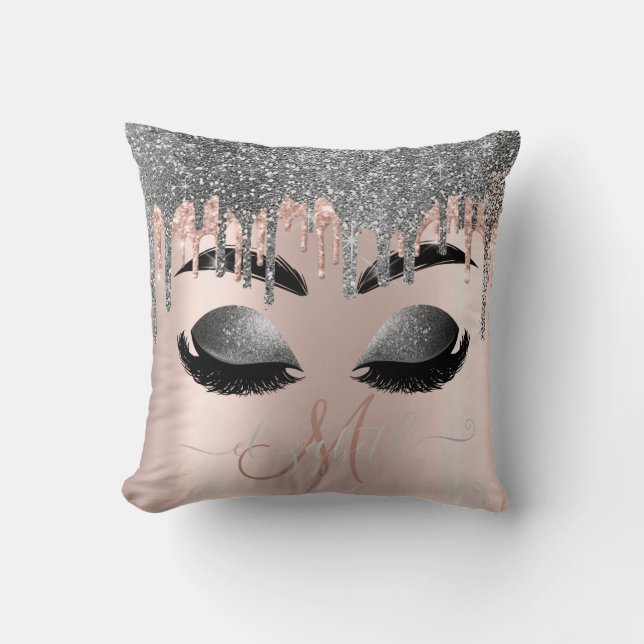 Silver Glitter Drips Monogram Faux Lashes Cushion (Front)