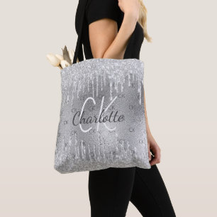 Silver glitter drips monogram glam tote bag