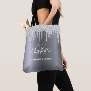 Silver glitter drips monogram initials tote bag