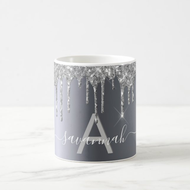 Silver glitter drips monogram name script coffee mug (Center)