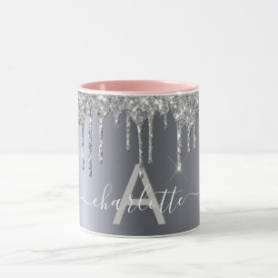 Silver glitter drips monogram name script mug