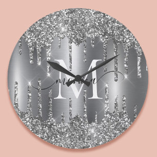 Silver Glitter Drips Monogram Personalised Large Clock