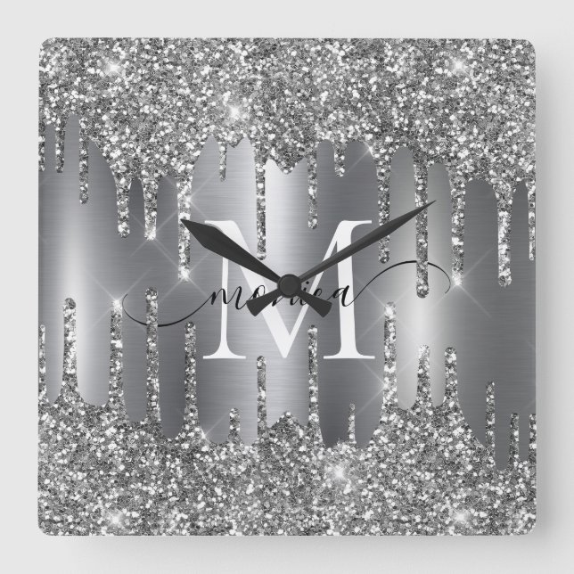 Silver Glitter Drips Monogram Personalized Square Wall Clock (Front)