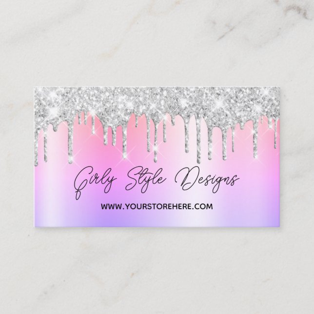 Silver Glitter Drips Multi Ombre Online Store Business Card (Front)