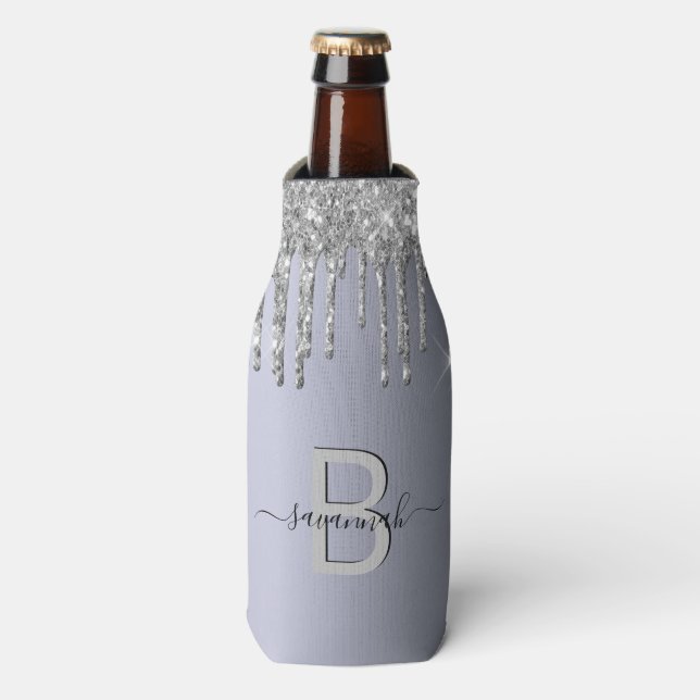 Silver glitter drips name monogram bottle cooler (Bottle Front)