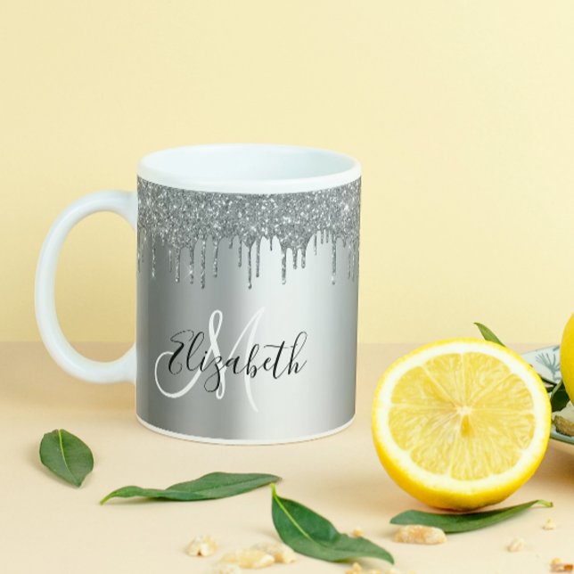 Silver Glitter Drips Name Personalised Monogram Coffee Mug (Creator Uploaded)