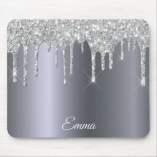 Silver glitter drips name script mouse mat
