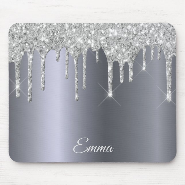 Silver glitter drips name script mouse mat (Front)