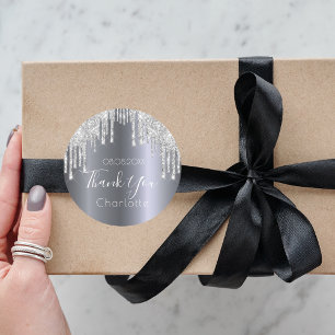 Silver glitter drips name thank you classic round sticker