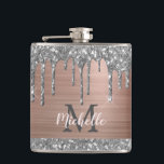 Silver Glitter Drips on Pink Metal Monogrammed Hip Flask<br><div class="desc">Modern, girly silver glitter drips name and monogrammed flask. This design features silver grey (grey) glitter sparkle drips on blush pink rose gold brushed metal background with custom personalised monogram initial and first name text template. Great feminine girly gift for girlfriend, mother, birthday, wedding, bridal shower, sweet 16 birthday party,...</div>