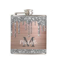 Silver Glitter Drips on Pink Metal Monogrammed