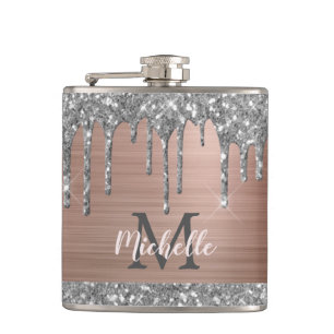 Silver Glitter Drips on Pink Metal Monogrammed Hip Flask