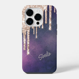 Silver Glitter Drips on Pink Purple Monogram iPhone 14 Pro Case