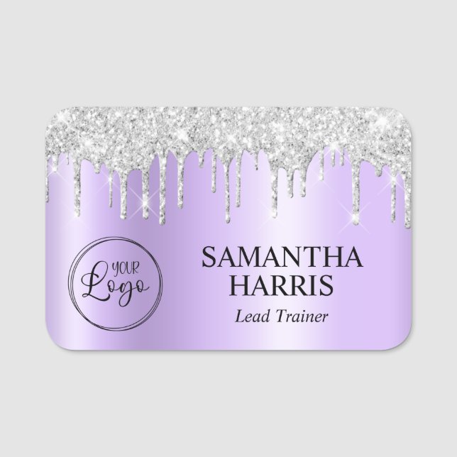 Silver Glitter Drips Pale Lavender Shimmer Name Tag (Front)