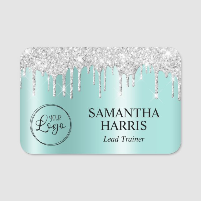 Silver Glitter Drips Pale Teal Ombre Name Tag (Front)