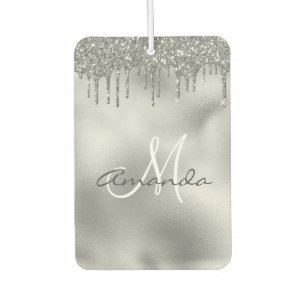 Silver Glitter Drips Personalised Monogram  Car Air Freshener
