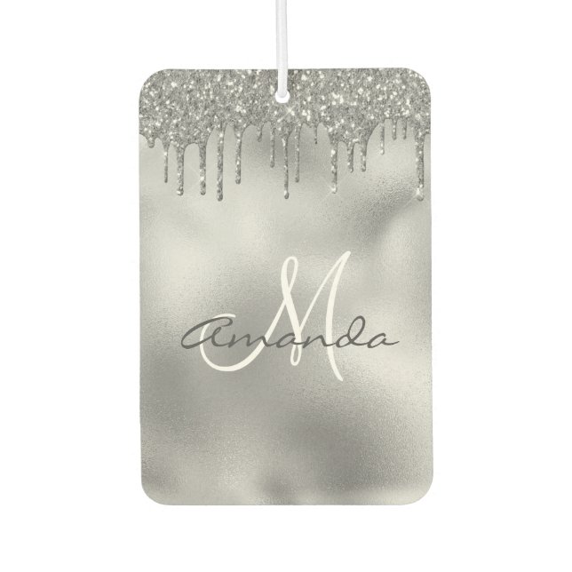 Silver Glitter Drips Personalised Monogram  Car Air Freshener (Front)