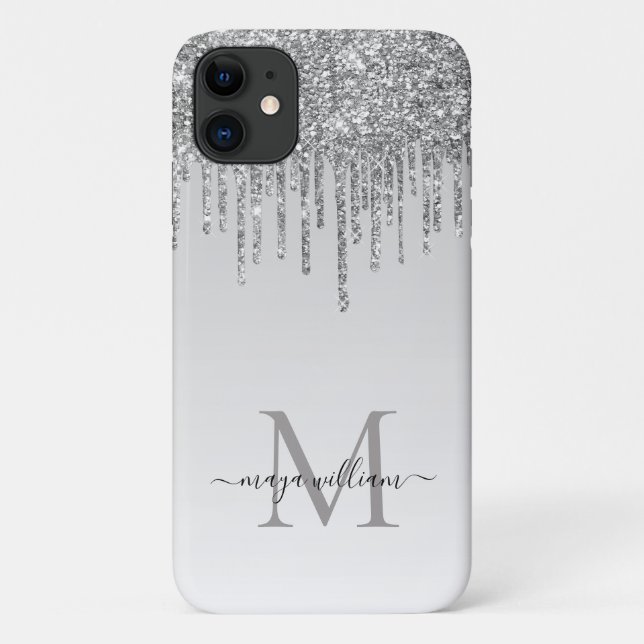  Silver Glitter Drips Personalised Monogram  Name  Case-Mate iPhone Case (Back)
