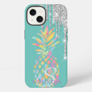 Silver Glitter Drips Pineapple Mint Green iPhone 13 Case