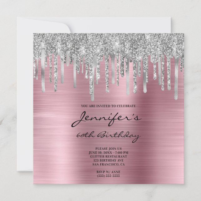 Silver Glitter Drips Pink Foil 60th Birthday Invitation (Front)