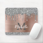 Silver Glitter Drips Pink Metallic Monogram        Mouse Mat<br><div class="desc">Modern, girly silver grey glitter drips name and monogrammed mousepad. This design features silver grey (grey) glitter sparkle drips on pink rose gold brushed metal background with custom personalised monogram initial and first name text template. Perfect feminine gift. Please note, this design is printed photo effect. If you need help...</div>