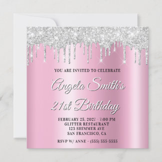 Silver Glitter Drips Pink Shimmer Drop Shadow Invitation