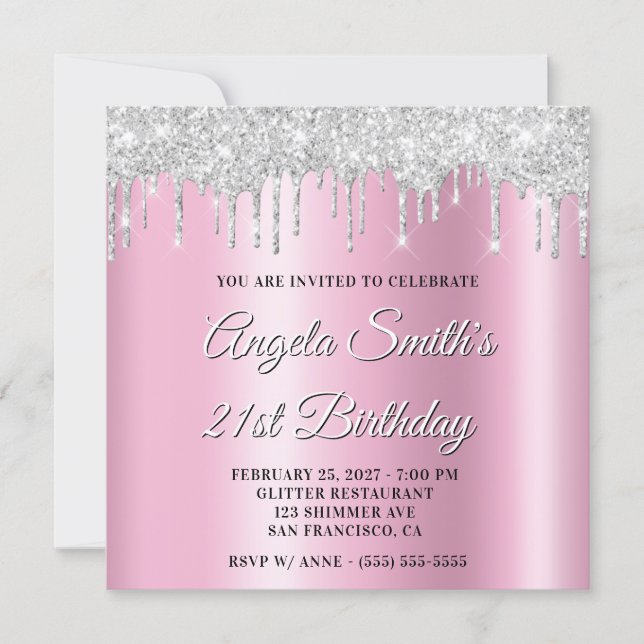 Silver Glitter Drips Pink Shimmer Drop Shadow Invitation (Front)