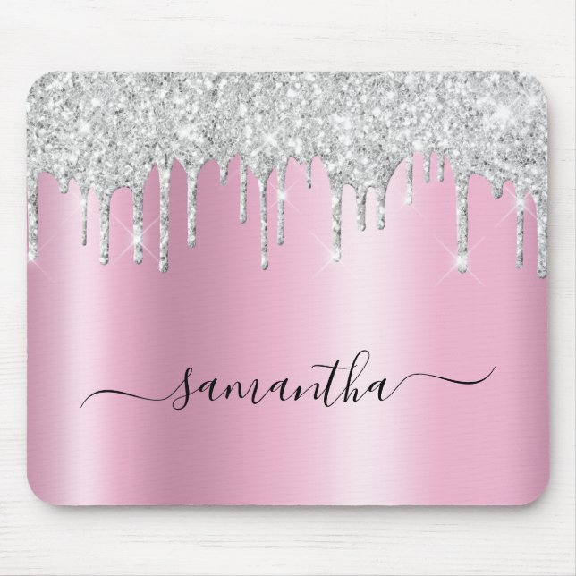 Silver Glitter Drips Pink Shimmer Mouse Mat (Front)