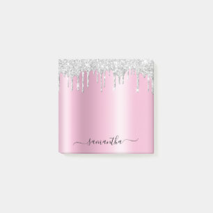 Silver Glitter Drips Pink Shimmer Post-it Notes