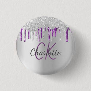 Silver glitter drips purple custom monogram name 3 cm round badge