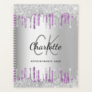 Silver glitter drips purple metal monogram 2025 planner