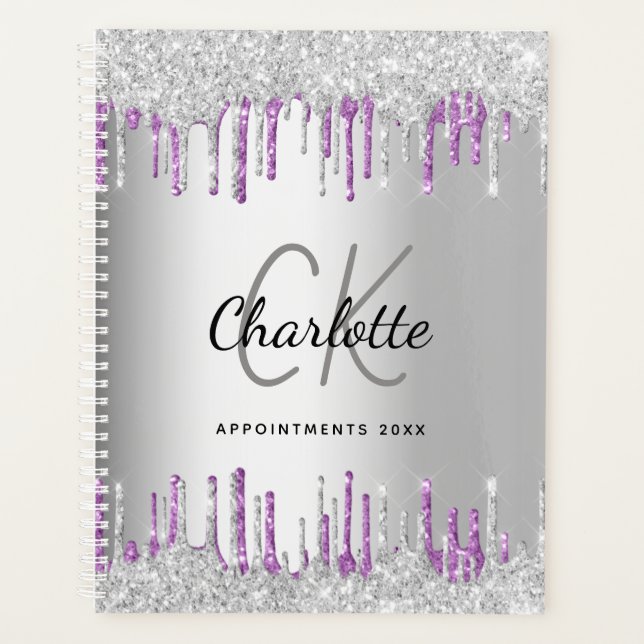Silver glitter drips purple metal monogram 2025 planner (Front)
