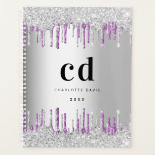 Silver glitter drips purple monogram 2022 metal planner
