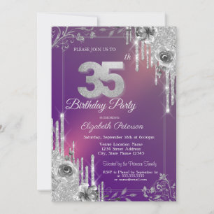 Silver Glitter Drips Purple Roses 35th Birthday Invitation