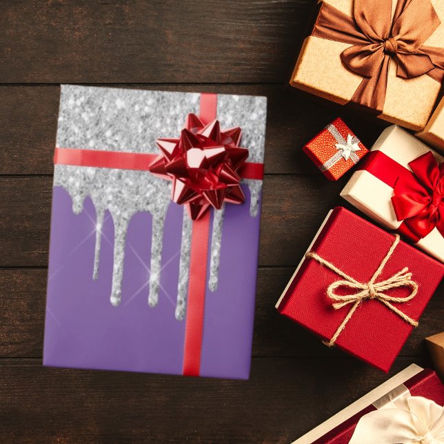Silver glitter drips purple sparkle birthday wrapping paper (Creator Uploaded)